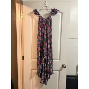 Tiare Hawaii Floral Smocked High Low Maxi Dress Blue Pink Ruffle OS